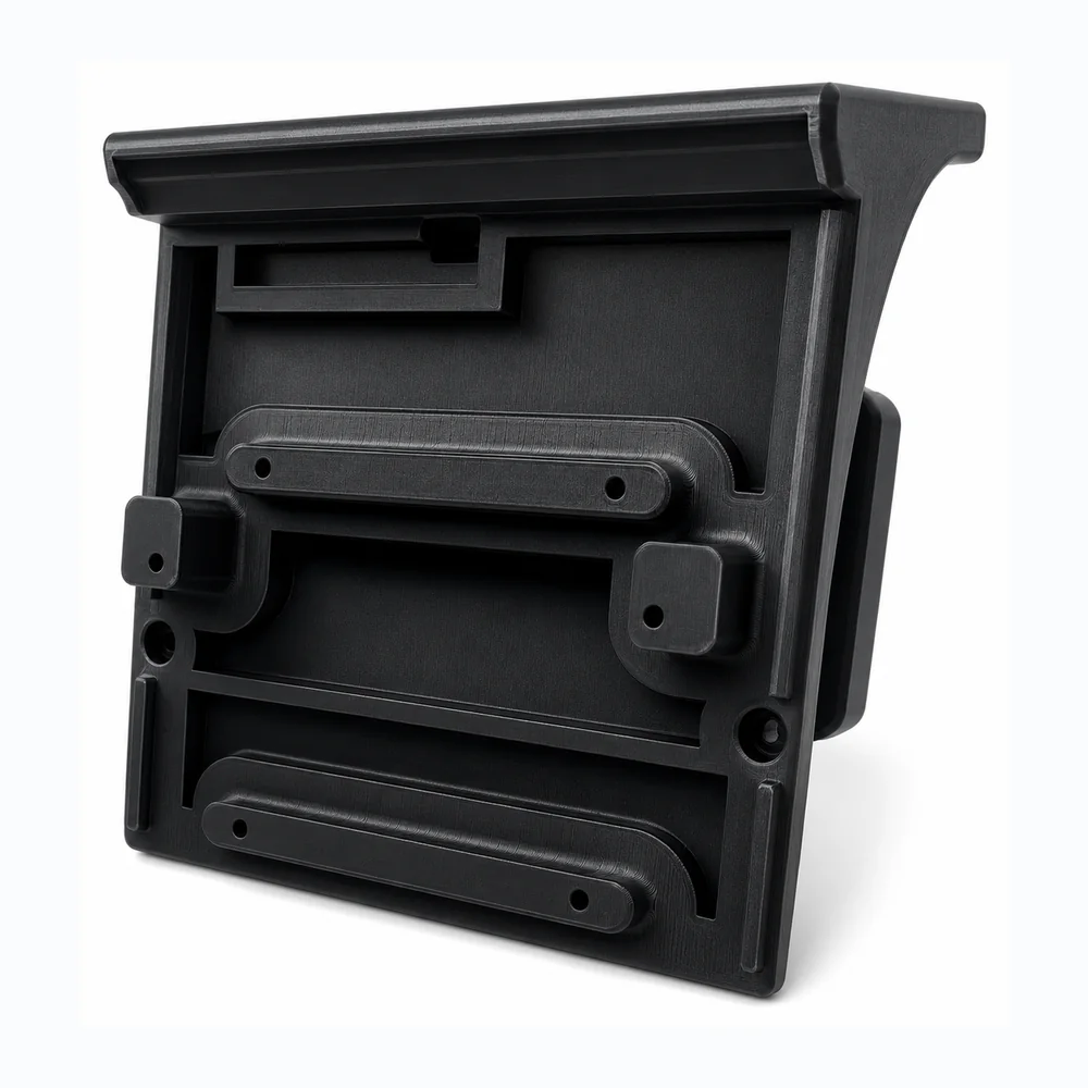 Rear view of a black 3D printed security light enclosure showing internal mounting features
