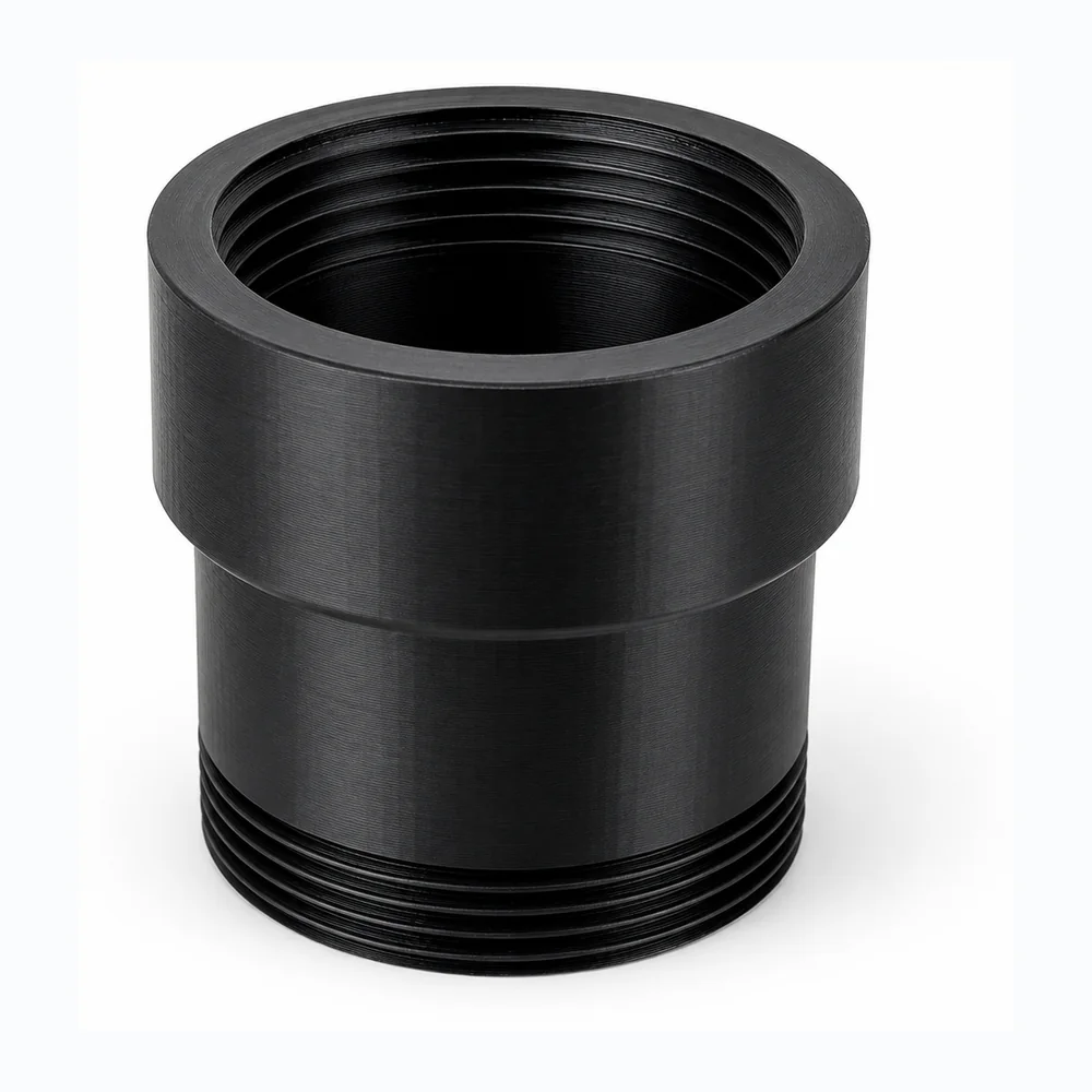 Black 3D printed cylindrical adapter with internal and external threads